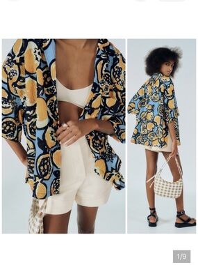 Zara Beachy Pomegranate Gauze Shirt Blue Mustard Yellow Fruit-Print Oversized